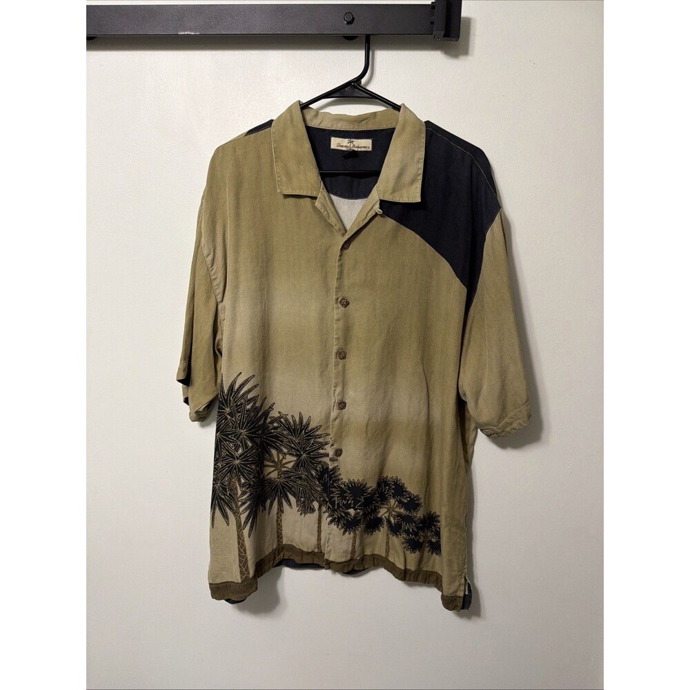 Tommy Bahama String of Palms 100% Silk Camp Shirt Size XL Khaki Black Mens